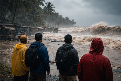 Imagen referencial generada como recreación visual del impacto del fenómeno El Niño Costero en zonas costeras.