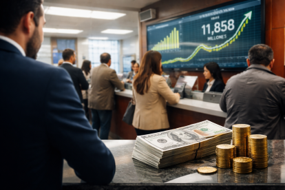 Recreación fotográfica: clientes realizan operaciones en una entidad financiera, en una jornada de atención regular.