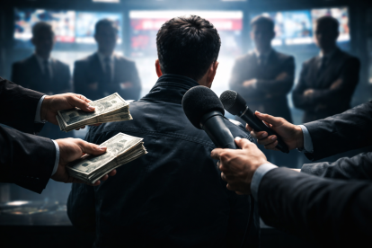 Recreación: periodista ante micrófonos mientras manos anónimas le ofrecen dinero en una sala de redacción.