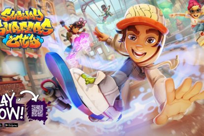 Captura de Subway Surfers City mostrando a los personajes corriendo por la vibrante metrópolis repleta de colores y desafíos