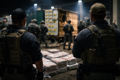 Recreación: agentes observan contenedores intervenidos durante operativo contra red de narcotráfico vinculada a Los Lobos.