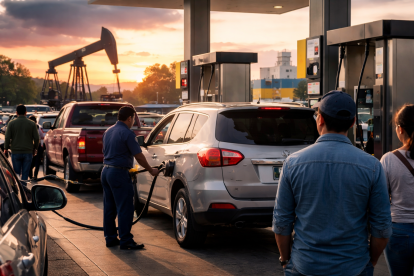 Conductores cargan combustible en una estación de servicio mientras el alza del petróleo presiona los mercados energéticos.