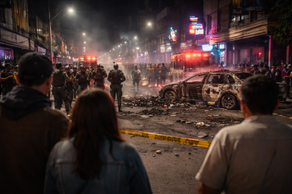 Recreación: escena nocturna tras una explosión en una zona urbana, con daños materiales y presencia de curiosos a distancia.