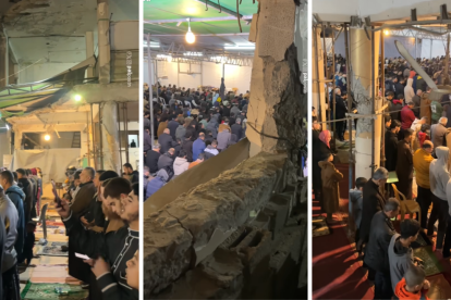 Palestinos realizan oraciones en las ruinas de una mezquita dañada en Gaza durante una noche sagrada del Ramadán