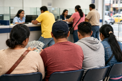 Recreación: solicitantes esperan turno para gestionar un préstamo en una entidad financiera.