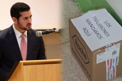 Bernardo Córdovez Cereceda, presidente del Consejo Directivo del IESS, y la caja con el mensaje de amenaza.