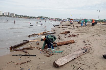 Trabajadores turísticos retiran manualmente los troncos que invaden la playa en Playas.