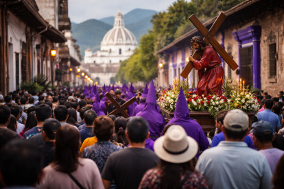 Recreación generada con inteligencia artificial de una procesión de Semana Santa en Ecuador.