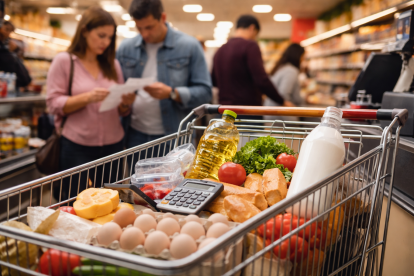 Imagen referencial generada con inteligencia artificial que recrea una escena cotidiana de compra de alimentos.