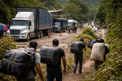 Tensión Ecuador - Colombia: recreación con IA de pasos informales y transporte de mercancías en zona fronteriza.