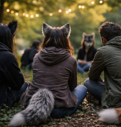 Recreación: jóvenes reunidos al aire libre, de espaldas, comparten un momento de convivencia mientras expresan su identidad con accesorios inspirados en animales.