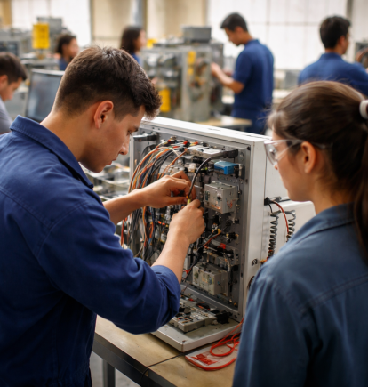 Estudiantes en formación técnica en una imagen referencial generada con IA.