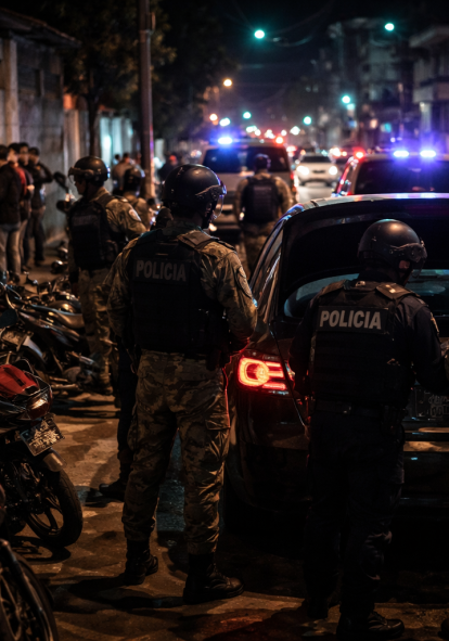 Toque de queda en Ecuador: recreación mediante IA de los controles de seguridad nocturnos.