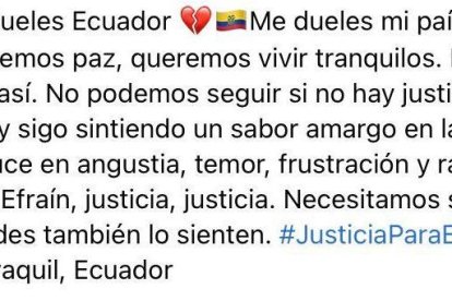 La influencer expresó así su malestar por el crimen que sufrió Efraín Ruales.