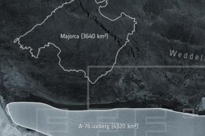 Imagen comparativa del tamaño del iceberg A-76 y la isla de Mallorca.