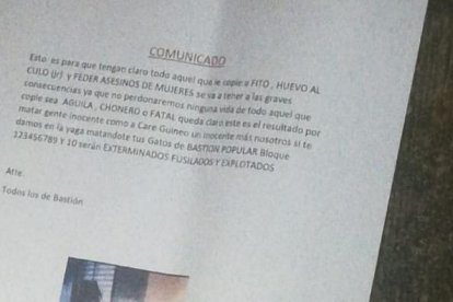 El ‘comunicado’ estaba firmado por “todos los de Bastión”, presuntamente dirigido a “los gatos”.