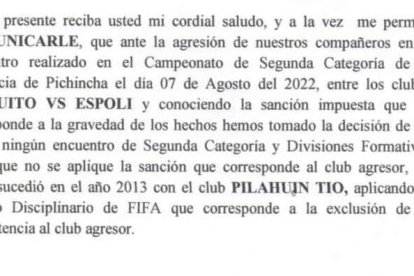 El comunicado emitido por el gremio de árbitros ecuatorianos.