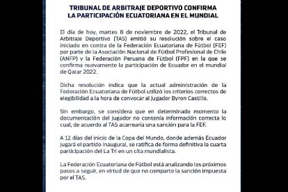 Ecuafútbol emitió un comunicado demostrando su malestar con el fallo del TAS.