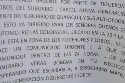 Un panfleto con amenazas fue dejado en un local del suburbio de Guayaquil.
