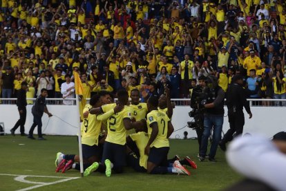 Jugadores ecuatorianos celebran el gol ecuatoriano.