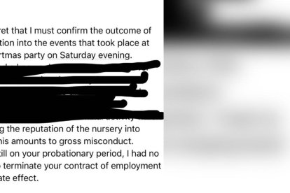 Imagen de la carta que recibió Molly por parte de su trabajo para notificarle de su despido. (Inglés)