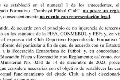 Carta del ministerio del Deporte dirigida a Cumbayá