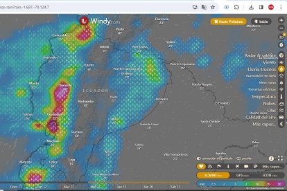 En la aplicación en línea Windy.com se muestra la forma en la que se desplazarán las precipitaciones