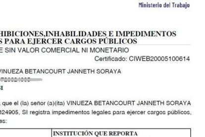 El certificado del Ministerio de Trabajo donde consta el impedimento de Janneth Soraya Vinueza Betancourt.