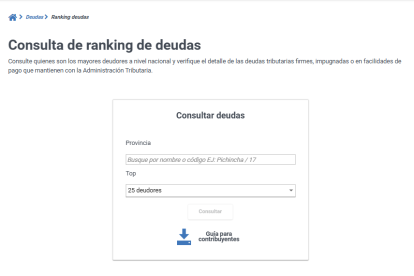 El SRI actualiza periódicamente el listado público de los mayores deudores tributarios del país en su plataforma digital