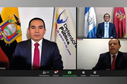 El defensor público (iz.) durante el panel virtual organizado por Guatemala.