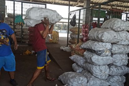 Carlos Luis se gana unas monedas cargando sacos.