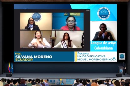 Silvana Moreno, rectora de Unidad Educativa Miguel Moreno Espinosa de Ecuador, conversó con Jennifer Pulgarín, Virreina Universal Miss Universo de Colombia. Ambas conversaron con el lenguaje de señas, debido a su discapacidad auditiva.