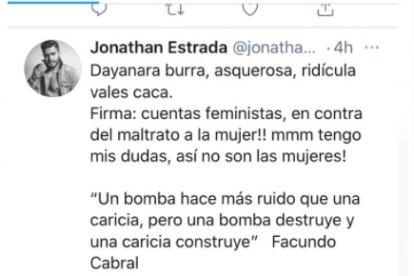 Twitter de Jonathan Estrada donde defiende a su esposa Dayanara de los ataques de otras muejres