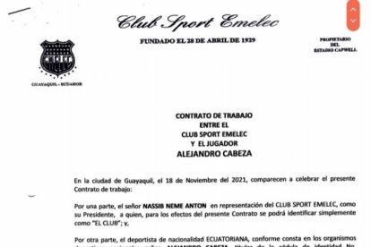 Contrato. Documentos de Emelec en el caso Cabezas.