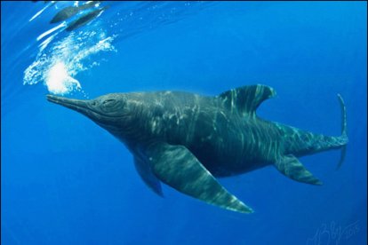 Ilustración cedida por la Universidad de Magallanes que muestra el aspecto que tendría una hembra preñada de ictiosaurio, en el glaciar Tyndall, ubicado en el parque nacional Torres del Paine en la Patagonia (Chile). El fósil de una hembra preñada de ictiosaurio, bautizado como “Fiona”, fue encontrado en un glaciar de la Patagonia chilena y se convirtió en el primer reptil marino extinto de este tipo desenterrado de manera completa, informaron este martes sus descubridores. EFE/ Universidad Magallanes SOLO USO EDITORIAL SOLO DISPONIBLE PARA ILUSTRAR LA NOTICIA QUE ACOMPAÑA (CRÉDITO OBLIGATORIO)
