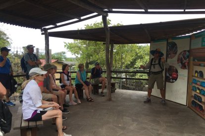 Un guía explica a un grupo de turistas extranjeros sobre cómo funciona el Centro de Crianza Fausto Llerena, ubicado en la isla Santa Cruz.