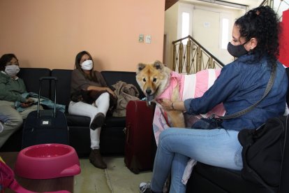 Yeslie y Shirley esperando que llegue el transporte que las trasladará hasta Cuenca.