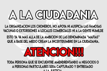 Este es el comunicado en el que Los Choneros advierten sobre cobros de 'vacunas'.