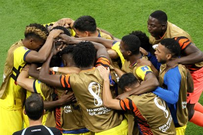 Rodríguez (i) saltó del banco para sumarse a las felicitaciones a Enner Valencia por sus goles en el juego ante Catar.