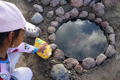 Una niña mira los pescados que están en una ‘laguna’ en miniatura.