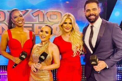 Silvana Torres reapareció en TC, en el reality Soy el Mejor. En la foto con Denisse Angulo, la nueva participante Yuribeth Cornejo y el presentador Ronald Farina