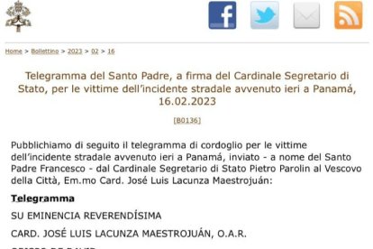 Telegrama enviado por el cardenal Pietro Parolin a nombre del Papa Francisco.