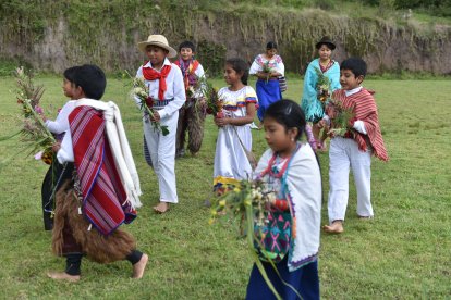 Los nietos de Rosa se divierten recogiendo flores y plantas del cerro.
