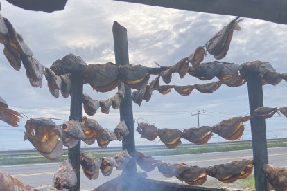 Los cordeles de pescados reciben el humo de la leña encajonada