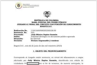 Condena contra la abogada Judy Ospina por falsedad en documentos