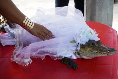 Alicia Rubí, la caimán, con su vestido blanco lista para la boda.