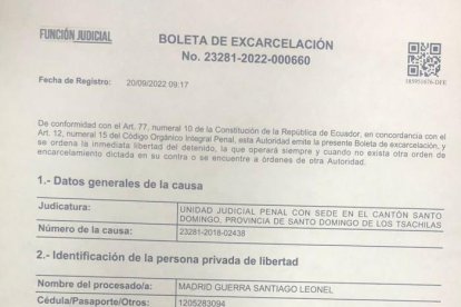 Boleta de excarcelación de alias Madrid