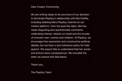 Comunicado enviado por correo a suscriptores de Playboy informando la eliminación de contenido de Mia Khalifa en su plataforma