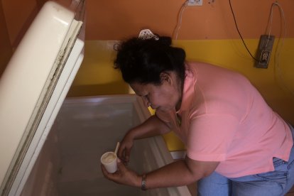 Una mujer revisa en su congelador cómo van quedando los helados de su negocio, durante el corte de energía en este viernes 27 de octubre de 2023.