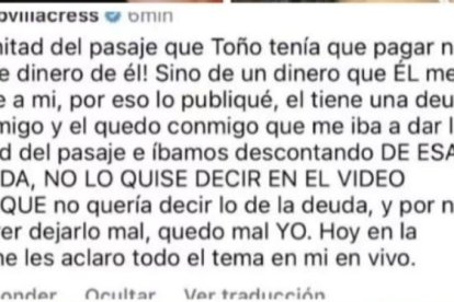En una nueva publicación, Rahab Villacrés se refiere al dinero del pasaje.